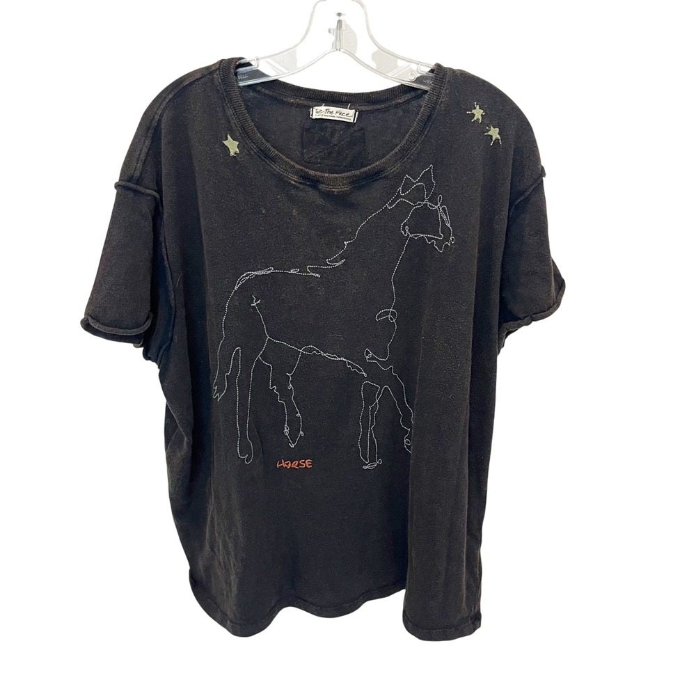 We The Free People Horsin Around Tee Black Embroidered Horse Star Shirt Size XL